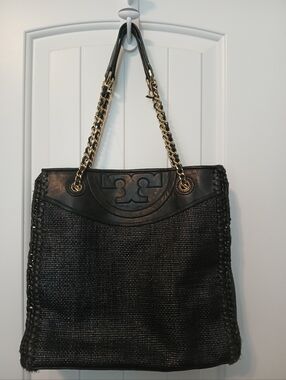 Tory Burch Black Woven Tote with Gold Chain Straps